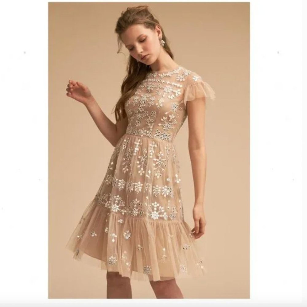 BHLDN Tristan Mini Tulle Dress Nude Geometric Mirror Embellishment